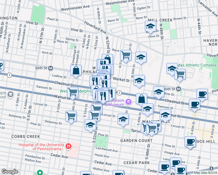 map of restaurants, bars, coffee shops, grocery stores, and more near 38 South 51st Street in Philadelphia
