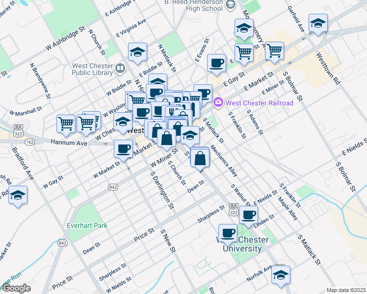 map of restaurants, bars, coffee shops, grocery stores, and more near 105 South High Street in West Chester