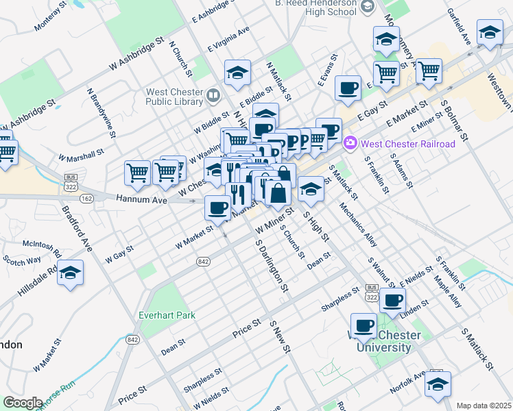 map of restaurants, bars, coffee shops, grocery stores, and more near 124 West Market Street in West Chester