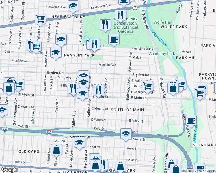map of restaurants, bars, coffee shops, grocery stores, and more near 414 Berkeley Road in Columbus
