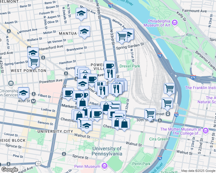 map of restaurants, bars, coffee shops, grocery stores, and more near North 34th Street & Race Street in Philadelphia