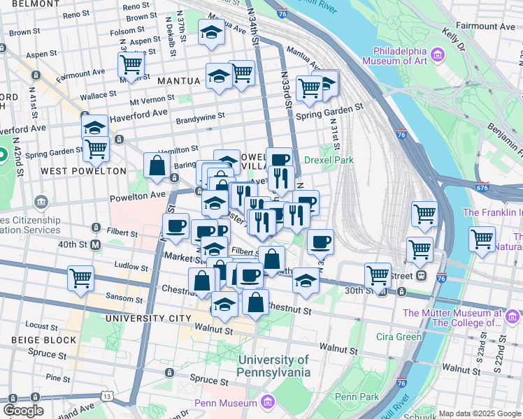 map of restaurants, bars, coffee shops, grocery stores, and more near 3413 Race St in Philadelphia