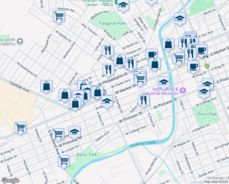 map of restaurants, bars, coffee shops, grocery stores, and more near 487 West Market Street in York