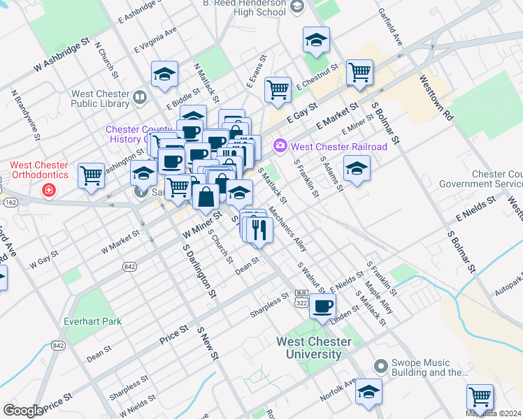 map of restaurants, bars, coffee shops, grocery stores, and more near 203 South Walnut Street in West Chester