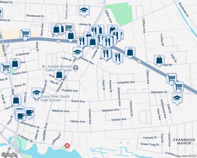 map of restaurants, bars, coffee shops, grocery stores, and more near 304 Franklin Avenue in Toms River