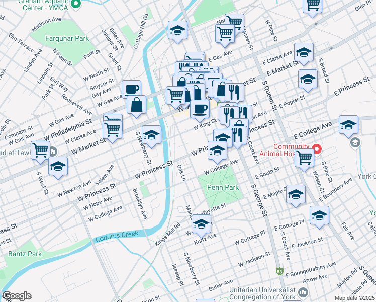 map of restaurants, bars, coffee shops, grocery stores, and more near 157 South Pershing Avenue in York