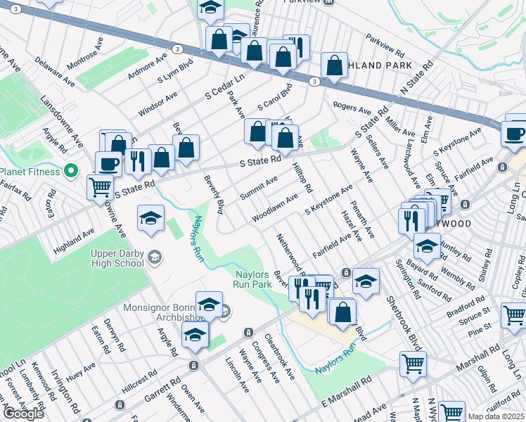 map of restaurants, bars, coffee shops, grocery stores, and more near 140 Woodlawn Avenue in Delaware County