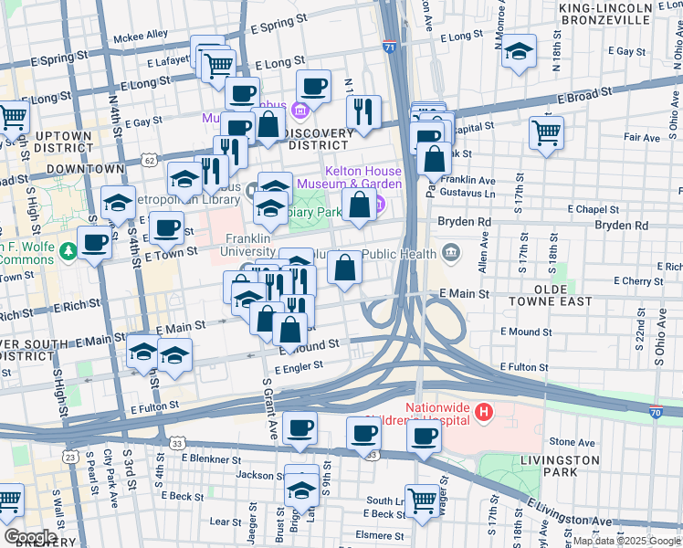 map of restaurants, bars, coffee shops, grocery stores, and more near in Columbus