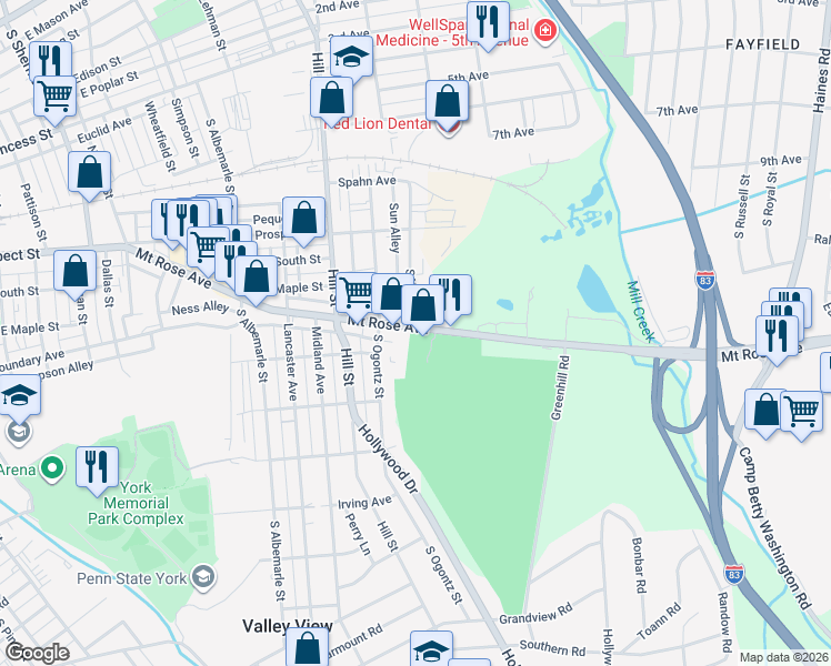 map of restaurants, bars, coffee shops, grocery stores, and more near 1450 Mount Rose Avenue in York