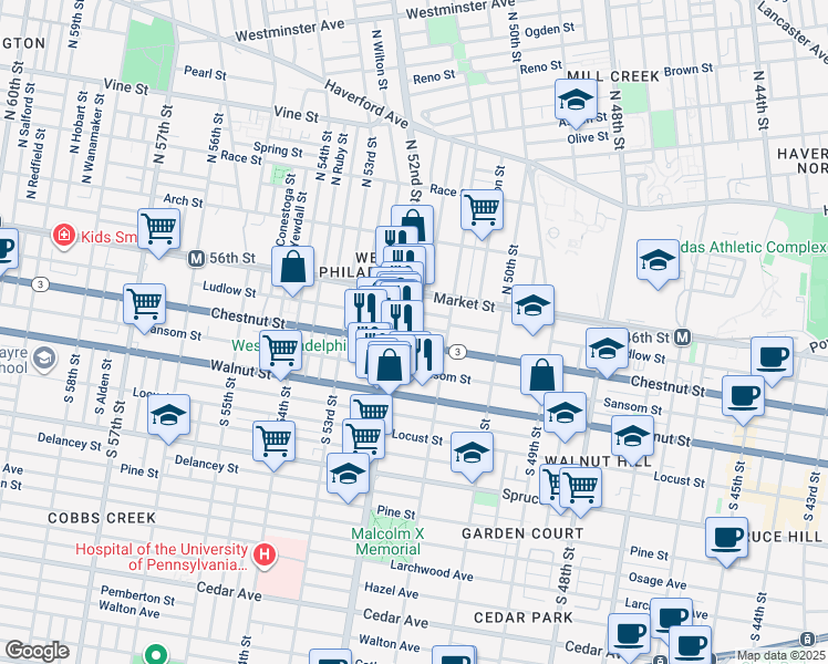 map of restaurants, bars, coffee shops, grocery stores, and more near 47 South 52nd Street in Philadelphia