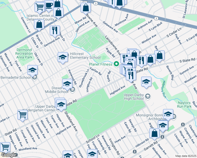 map of restaurants, bars, coffee shops, grocery stores, and more near 837 Gainsboro Road in Upper Darby