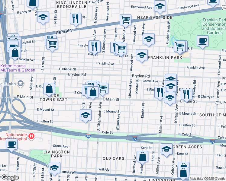 map of restaurants, bars, coffee shops, grocery stores, and more near 1189 East Rich Street in Columbus