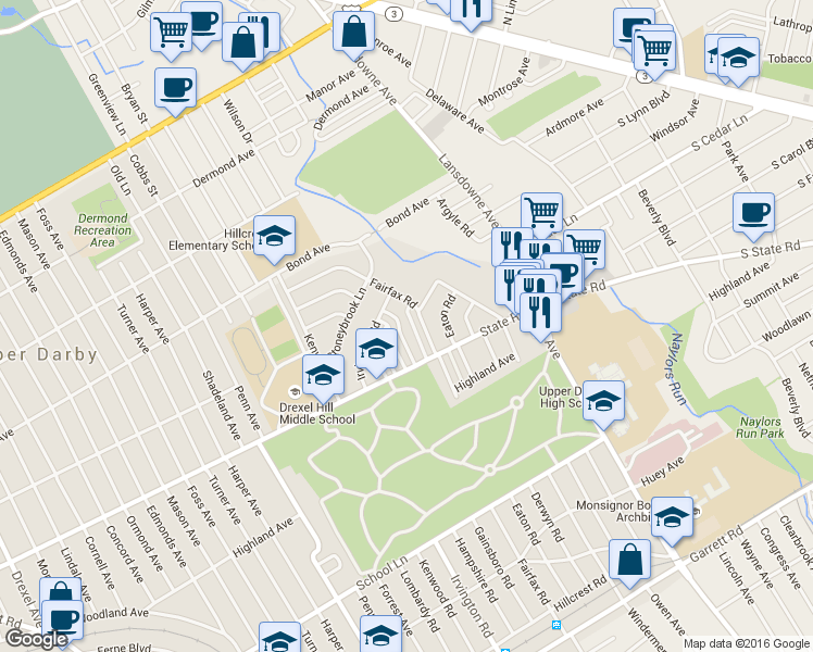 map of restaurants, bars, coffee shops, grocery stores, and more near 837 Gainsboro Road in Upper Darby