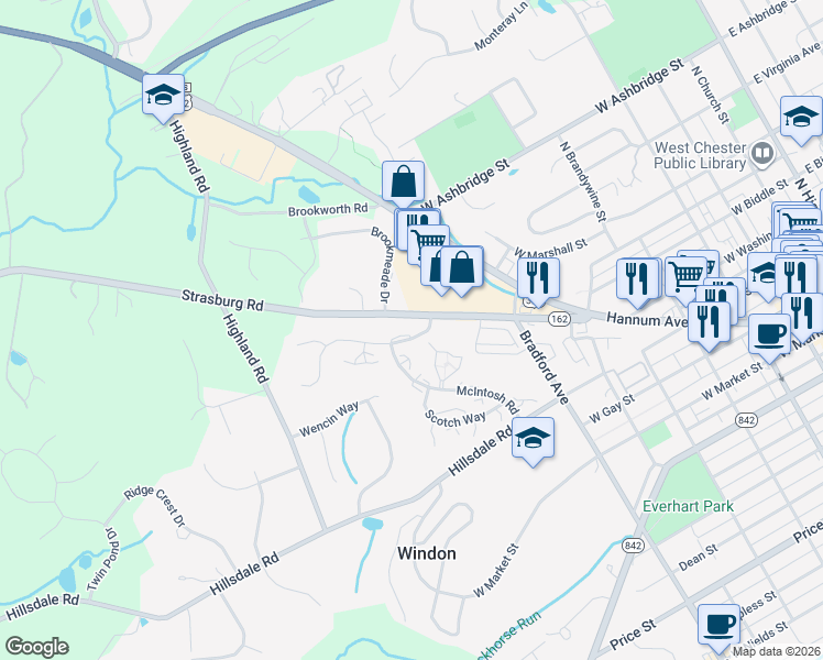 map of restaurants, bars, coffee shops, grocery stores, and more near 717 Bradford Terrace in West Chester
