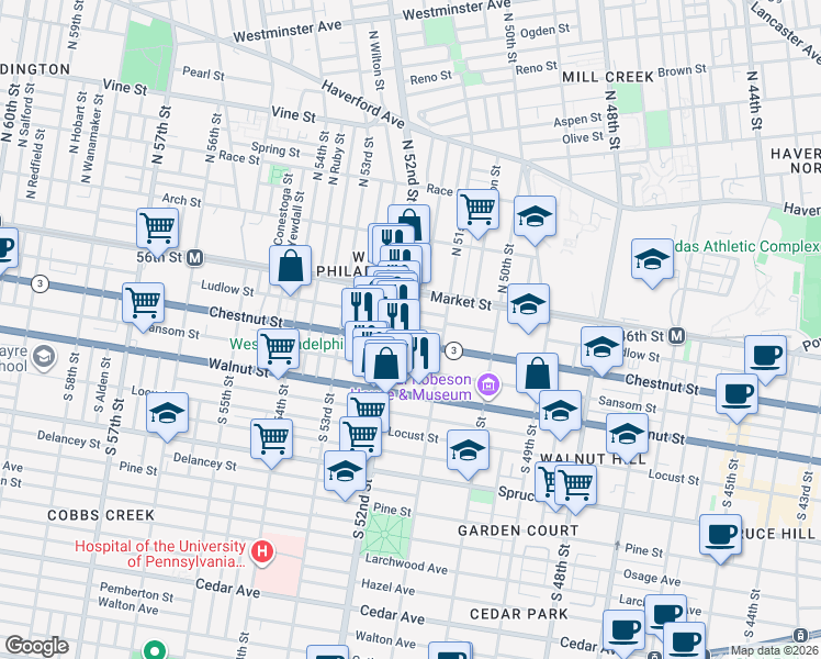 map of restaurants, bars, coffee shops, grocery stores, and more near 47 South 52nd Street in Philadelphia