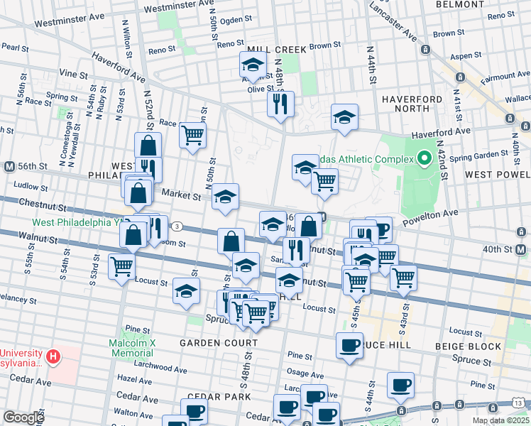 map of restaurants, bars, coffee shops, grocery stores, and more near 4804 Market Street in Philadelphia
