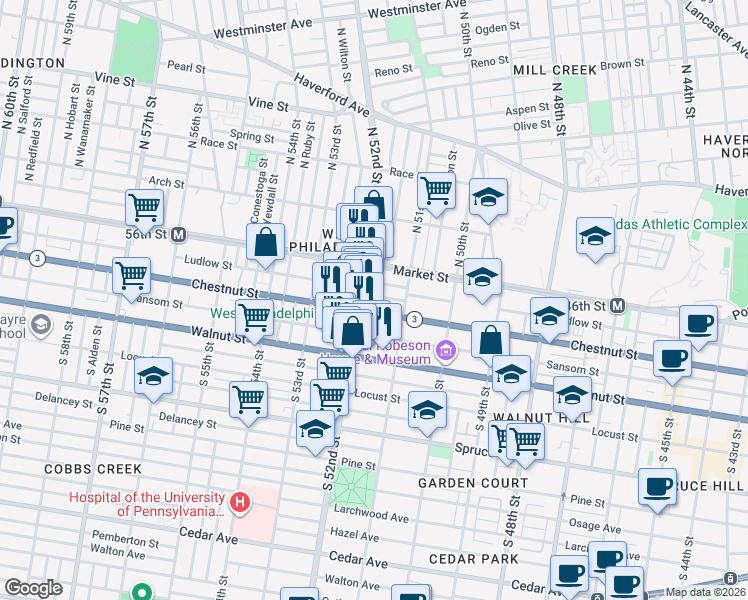 map of restaurants, bars, coffee shops, grocery stores, and more near 47 South 52nd Street in Philadelphia