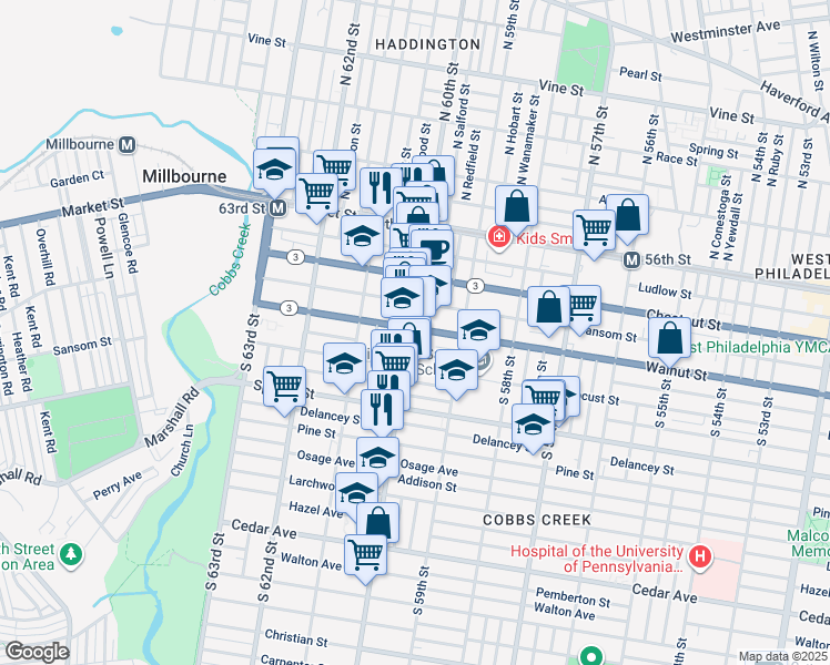 map of restaurants, bars, coffee shops, grocery stores, and more near 205 South 60th Street in Philadelphia