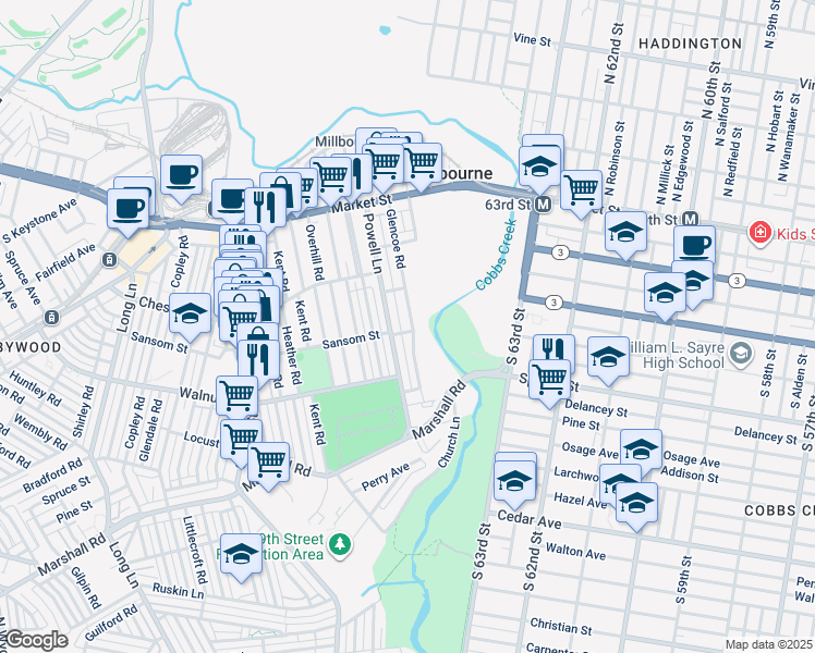 map of restaurants, bars, coffee shops, grocery stores, and more near 168 Glencoe Road in Upper Darby