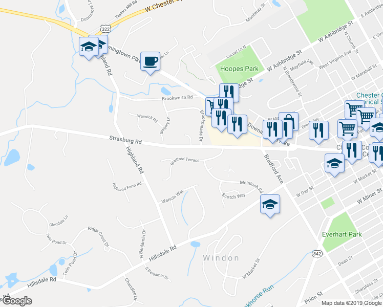 map of restaurants, bars, coffee shops, grocery stores, and more near 759 Bradford Terrace in West Chester