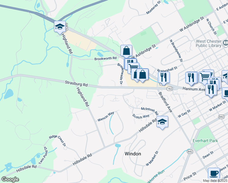 map of restaurants, bars, coffee shops, grocery stores, and more near 749 Bradford Terrace in West Chester