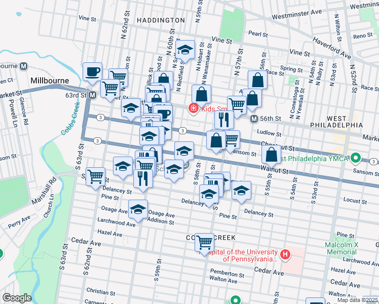 map of restaurants, bars, coffee shops, grocery stores, and more near 5831 Walnut Street in Philadelphia
