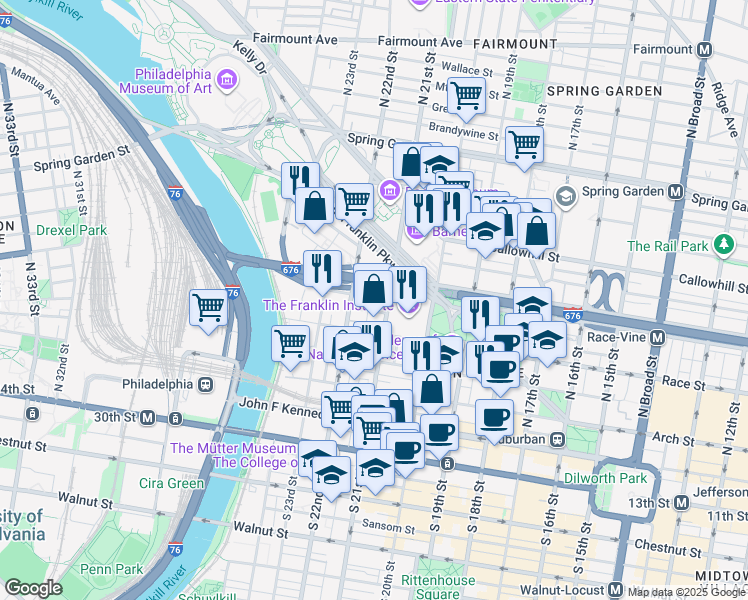 map of restaurants, bars, coffee shops, grocery stores, and more near 230 North 21st Street in Philadelphia