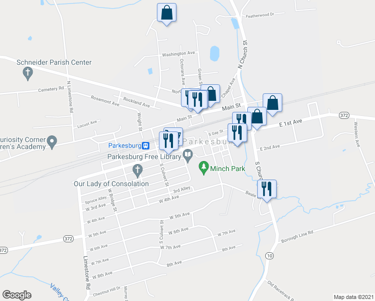 map of restaurants, bars, coffee shops, grocery stores, and more near 346 West 1st Avenue in Parkesburg