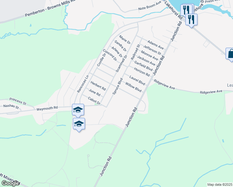 map of restaurants, bars, coffee shops, grocery stores, and more near 103 Spruce Boulevard in Pemberton Township