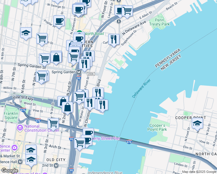 map of restaurants, bars, coffee shops, grocery stores, and more near 427-433 N Christopher Columbus Blvd in Philadelphia