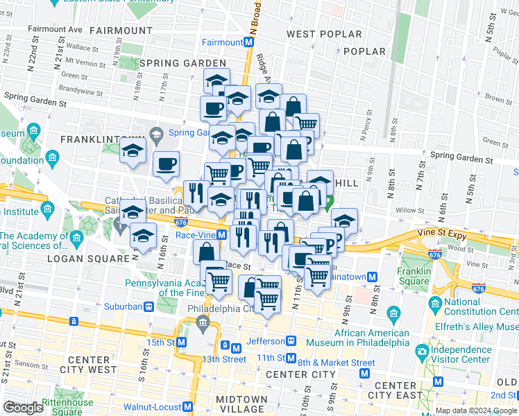map of restaurants, bars, coffee shops, grocery stores, and more near 1300 Wood Street in Philadelphia
