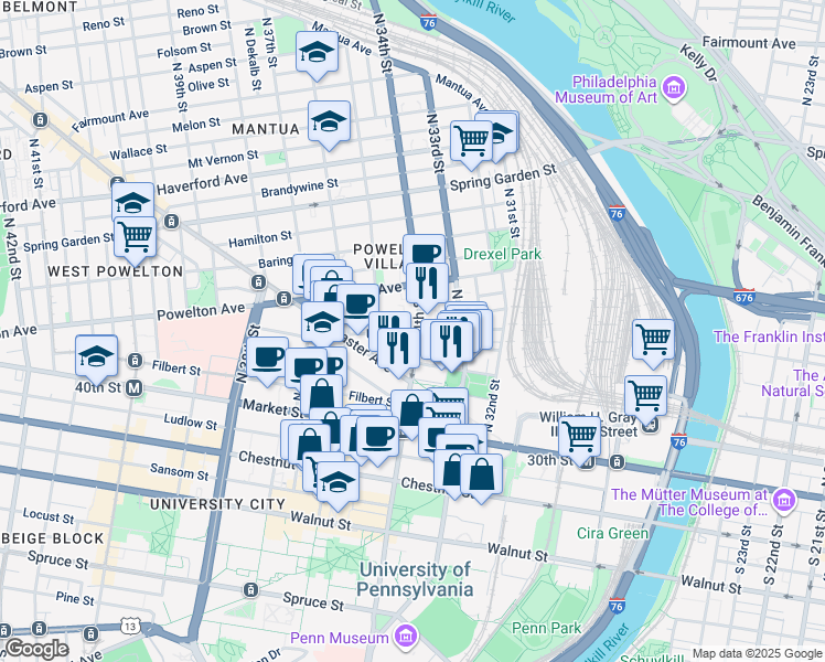 map of restaurants, bars, coffee shops, grocery stores, and more near 3314 Race Street in Philadelphia