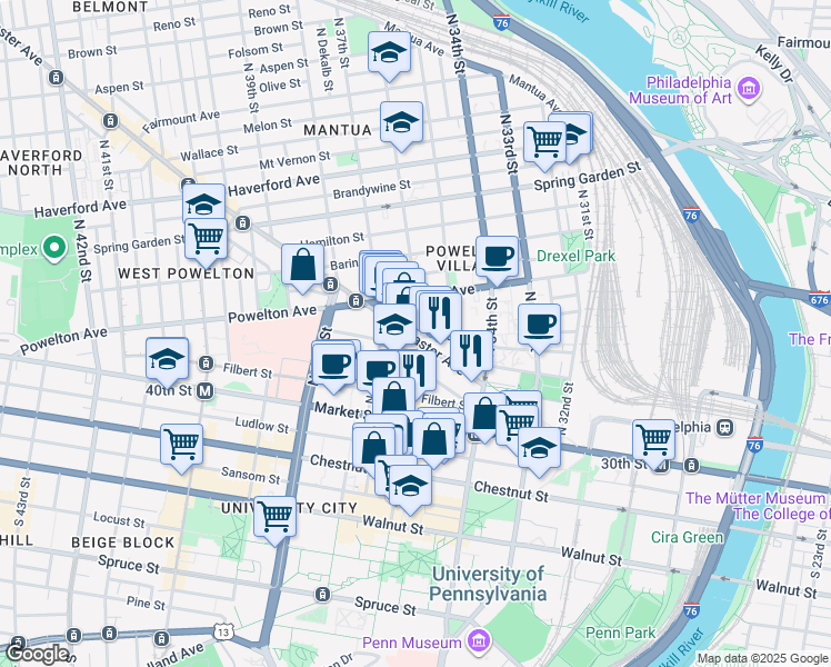 map of restaurants, bars, coffee shops, grocery stores, and more near in Philadelphia
