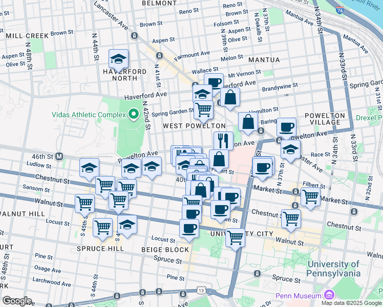 map of restaurants, bars, coffee shops, grocery stores, and more near 49 Wiota Street in Philadelphia