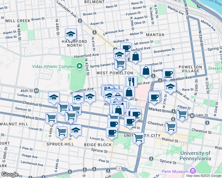 map of restaurants, bars, coffee shops, grocery stores, and more near 49 Wiota Street in Philadelphia