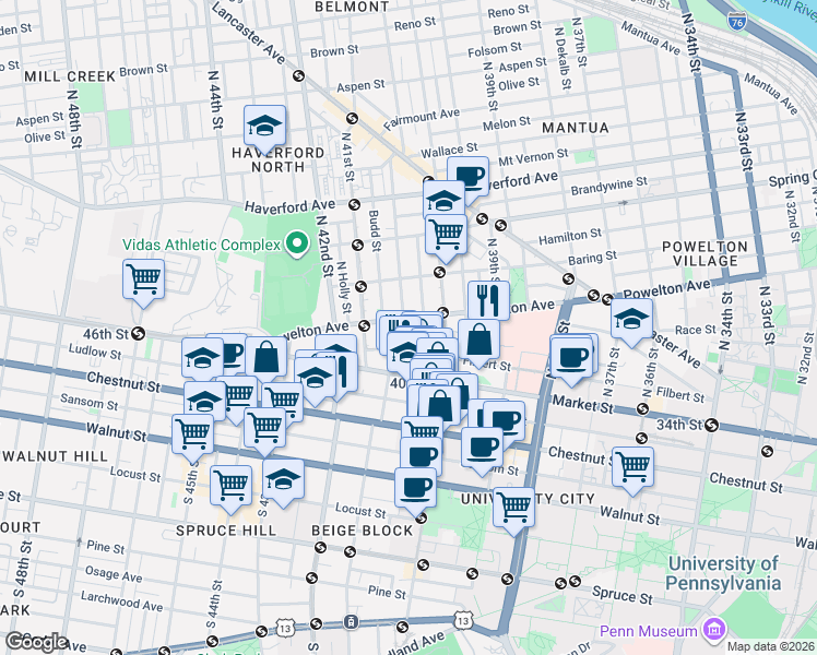 map of restaurants, bars, coffee shops, grocery stores, and more near 34 North Preston Street in Philadelphia
