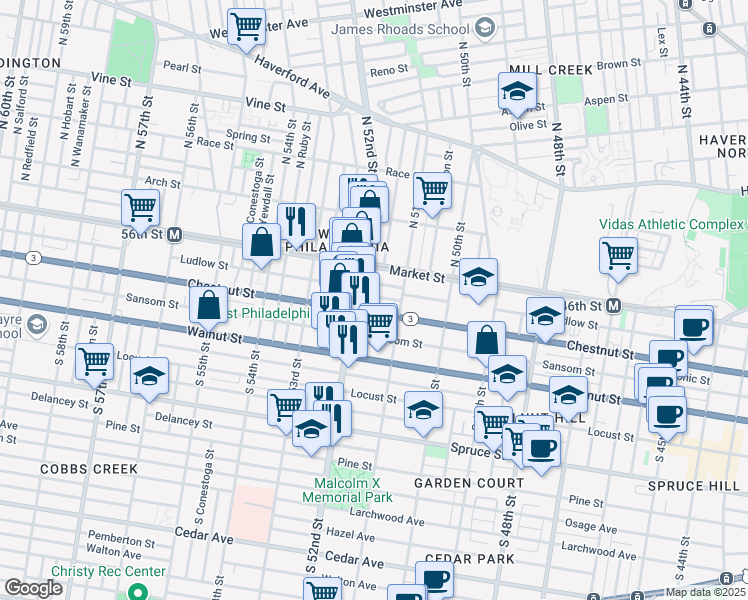 map of restaurants, bars, coffee shops, grocery stores, and more near 47 South 52nd Street in Philadelphia
