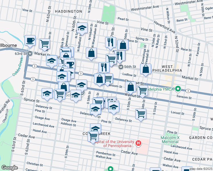map of restaurants, bars, coffee shops, grocery stores, and more near 144-50 North 57th Street in Philadelphia