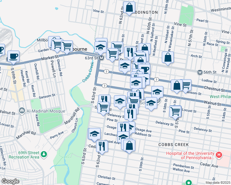 map of restaurants, bars, coffee shops, grocery stores, and more near 6132 Chancellor Street in Philadelphia