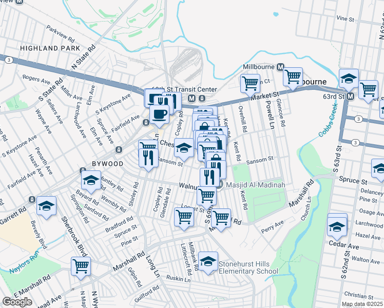 map of restaurants, bars, coffee shops, grocery stores, and more near in Delaware County