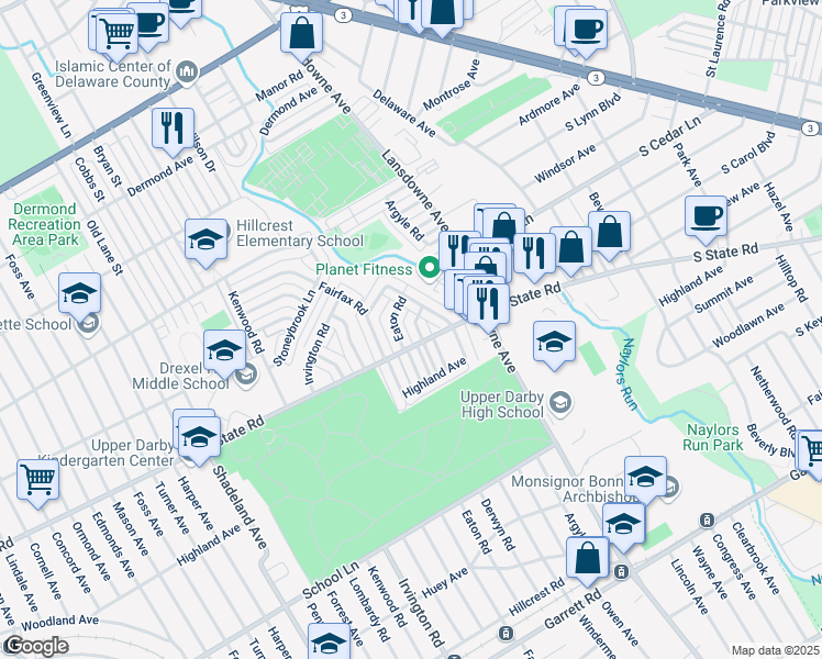 map of restaurants, bars, coffee shops, grocery stores, and more near 807 Eaton Road in Drexel Hill
