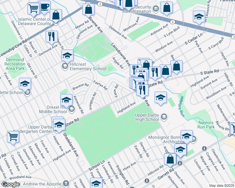 map of restaurants, bars, coffee shops, grocery stores, and more near 807 Eaton Road in Drexel Hill