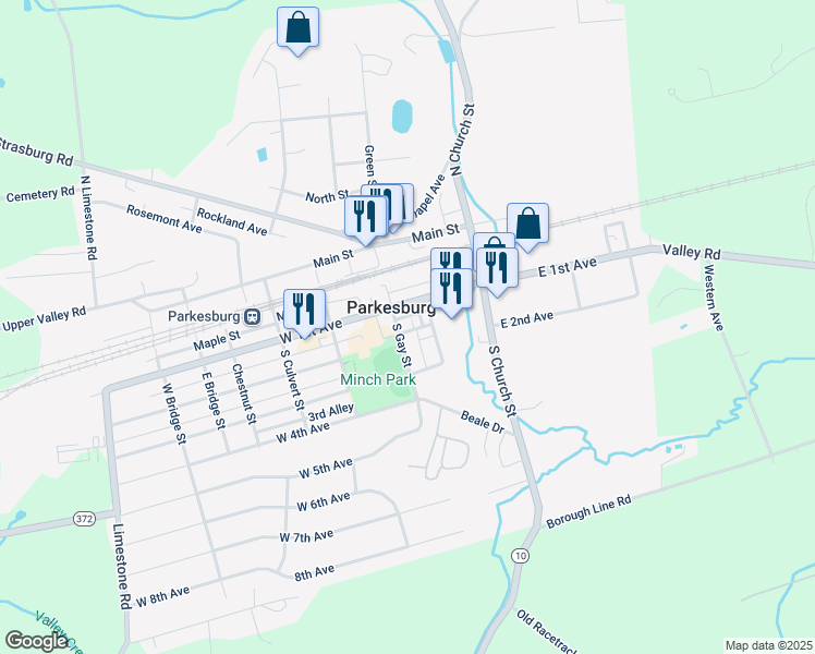 map of restaurants, bars, coffee shops, grocery stores, and more near 125 South Gay Street in Parkesburg