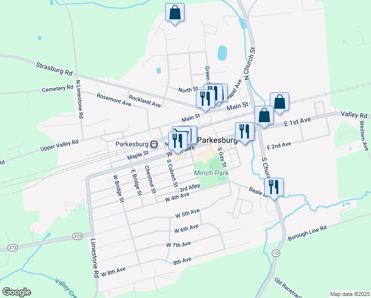 map of restaurants, bars, coffee shops, grocery stores, and more near 406 West 1st Avenue in Parkesburg