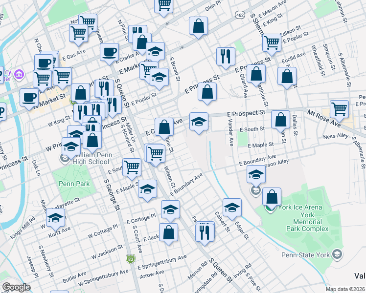 map of restaurants, bars, coffee shops, grocery stores, and more near 335 Harding Court in York