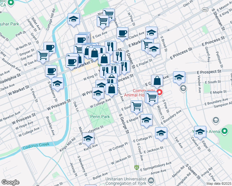map of restaurants, bars, coffee shops, grocery stores, and more near 11 East College Avenue in York