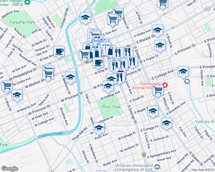 map of restaurants, bars, coffee shops, grocery stores, and more near in York