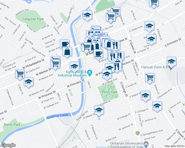 map of restaurants, bars, coffee shops, grocery stores, and more near 157 South Pershing Avenue in York