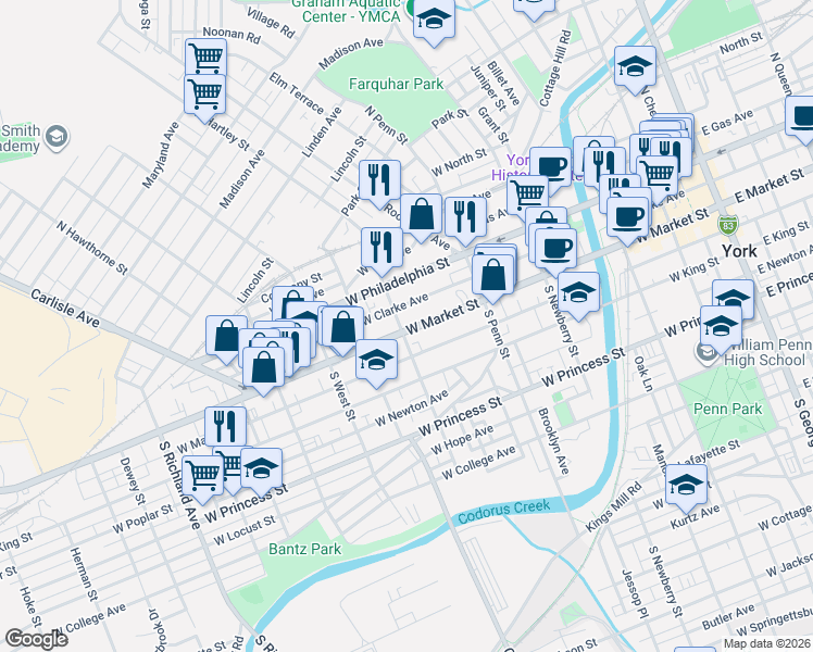 map of restaurants, bars, coffee shops, grocery stores, and more near 484 West Market Street in York