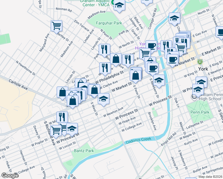 map of restaurants, bars, coffee shops, grocery stores, and more near 484 West Market Street in York